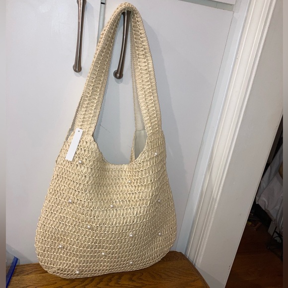 Handbags - Woven Shoulder Bag with Pearl Accents- Tan NWT